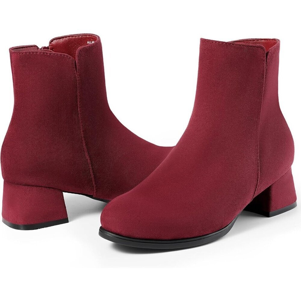 Women's Red Classic Ankle Boots Low Block Heels Suede Chunky Fashion Booties - Picture 8 of 8